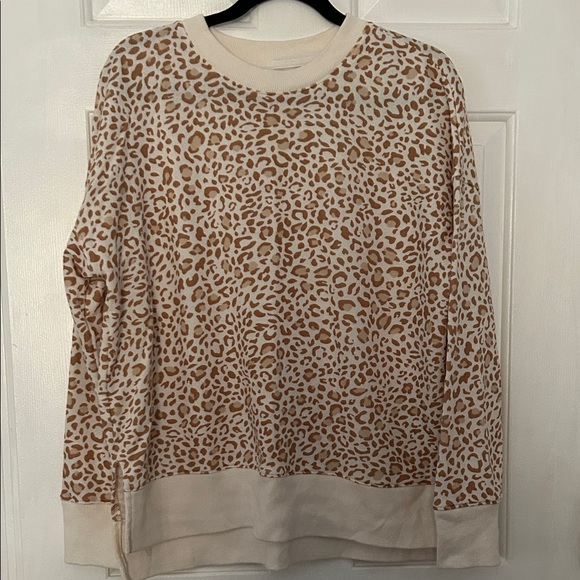 Time and Tru Sweaters - Time and Tru Animal Print Crew Neck Sweater - Cream and Brown